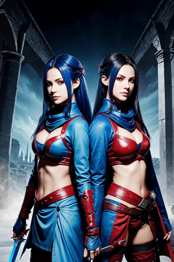 Two twin game character one is evil with red sword and one is kind with blue sword both joined half half with each other 