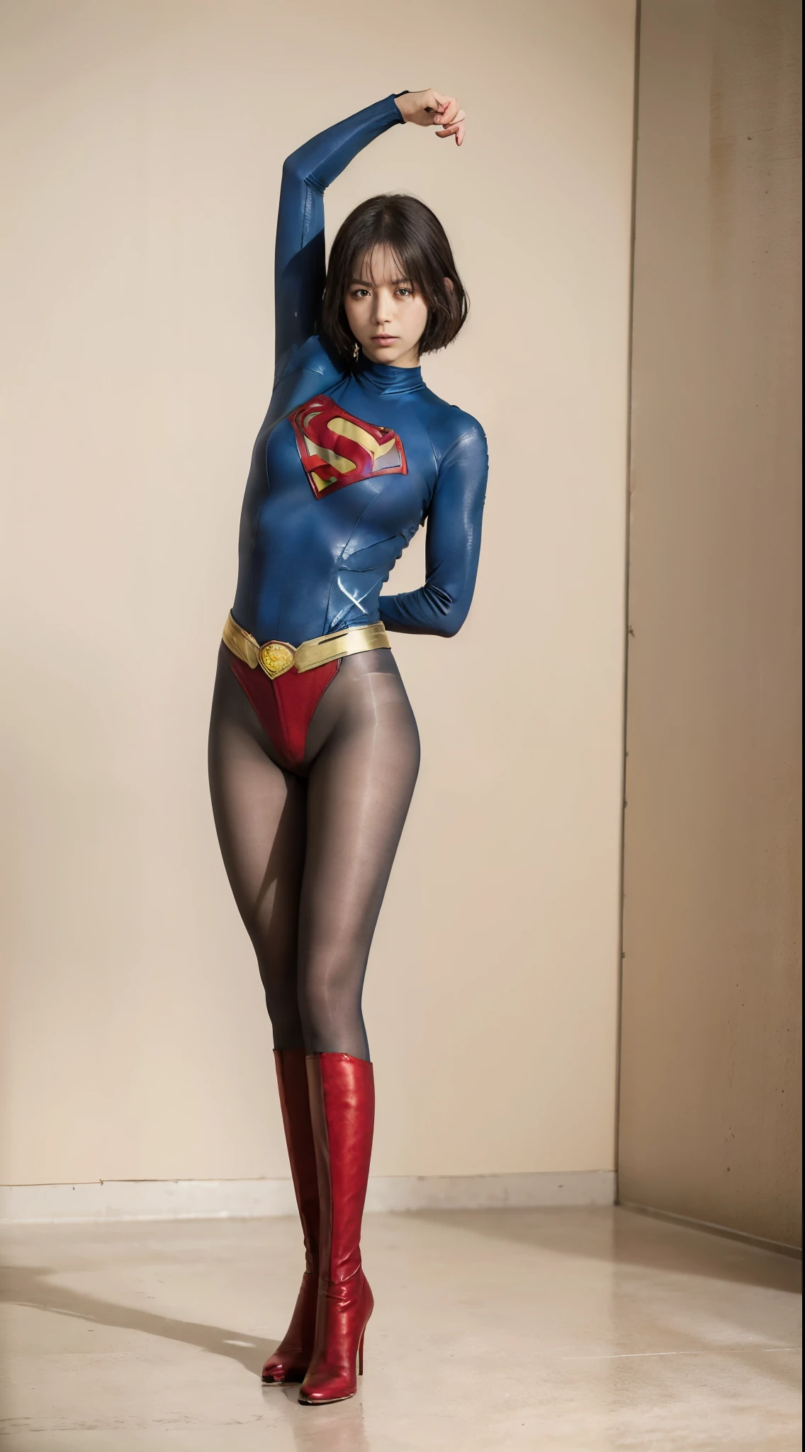 No background、extinct、She always has a troubled look on her face、Always close your eyes、Keep your arms up at all timesおく、Keep your arms up at all times、(((Beautiful legs in black tights.)))、(((Stretch your legs、expensive、あなたのsufferingを合法的に表現する)))、((((Make the most of your original images)))、(((Supergirl Costume)))、(((Beautiful short bob hair)))、(((suffering)))、(((Black tights legs、Wear red boots)))、((Best image quality、8K))、((Highest quality、8K、masterpiece:1.3))、(((Preserve background )))、Sharp focus:1.2、Beautiful woman with perfect figure:1.4、Slim Abs:1.2、Wet body:1.5、Highly detailed face and skin texture、8K