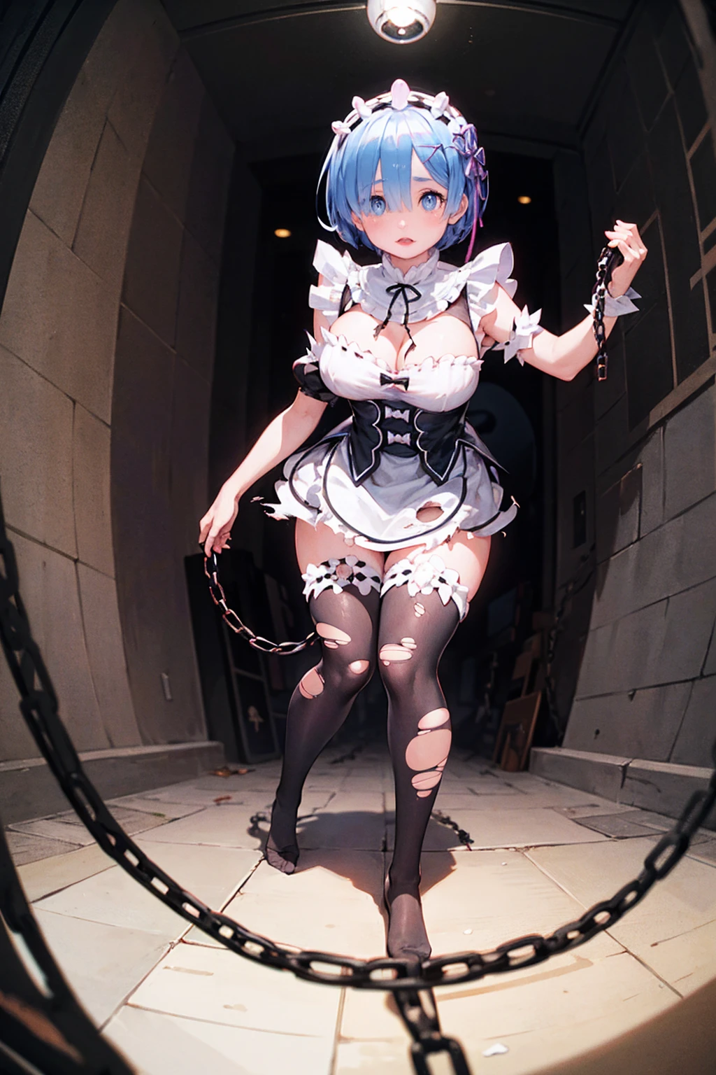 Plump、Show your pants、Fighting Pose、Weapons Morningstar、((Underground Prison))、((The floor beneath my feet is crumbling))、((((Rem in chains)))),(((((Fisheye Lens)))))、((Super huge breasts))、(((Plump thighs)))、(((Rem from Re:Zero)))、looking at the camera、High qualityHigh quality、8ｋ、(((((Full body description)))))、Chest、Fantastic、(((((Torn maid uniform)))))、looking at the cameraで、barefoot、(((Tall Rem)))、Sweat splashes、Clothes are ripped off,(Torn knee-high socks)、