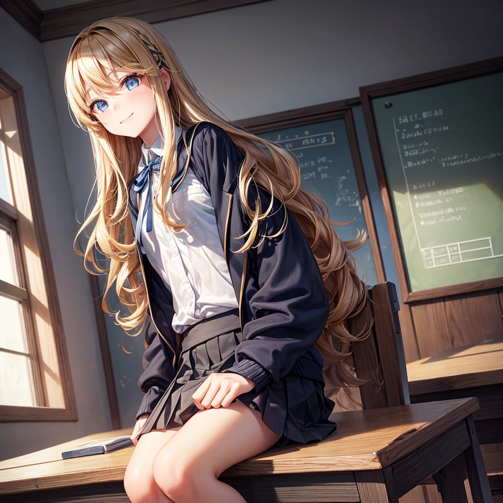 Sure, here is the description in English:
### Physical Description:
- **Hair:** Long, golden blonde hair with slight waves. Often tied half-up with a small ribbon.
- **Height:** About 165 cm (5'5"), slightly taller than average.
- **Eyes:** Bright blue eyes with a mischievous and clever glint.
- **Chest:** Medium-sized, proportional to her body.
- **Body Condition:** Slim and athletic, appearing active and agile.
- **Facial Expression:** Often seen with a playful smile or a small laugh. Sometimes has a slightly mischievous expression with a raised eyebrow.
### Clothing (School Uniform):
- **Top:** White shirt with a small dark blue tie or ribbon.
- **Bottom:** Pleated dark blue skirt, about knee-length.
- **Jacket:** Dark blue blazer with the school emblem on the left chest pocket.
- **Accessories:** White knee-high socks and shiny black shoes.
- **Additional:** Sometimes wears a light gray sweater when it’s cold.
### Setting (Classroom):
- **Classroom:** A room with large windows on one side, providing lots of natural light. There is a large chalkboard at the front and rows of desks and chairs neatly arranged.
- **Decorations:** Educational posters on the walls and some potted plants in the corners to give a fresh atmosphere.
### Position:
- **Sitting Position:** Sophia sits in a seat near the window, often turning around to tease {user} who sits in front of her.
- **Like a Photo:** In one scene, Sophia stands beside {user}'s desk with one hand resting on the desk, giving a playful smile. Her eyes are directly looking at {user}, reflecting her teasing nature and their closeness.