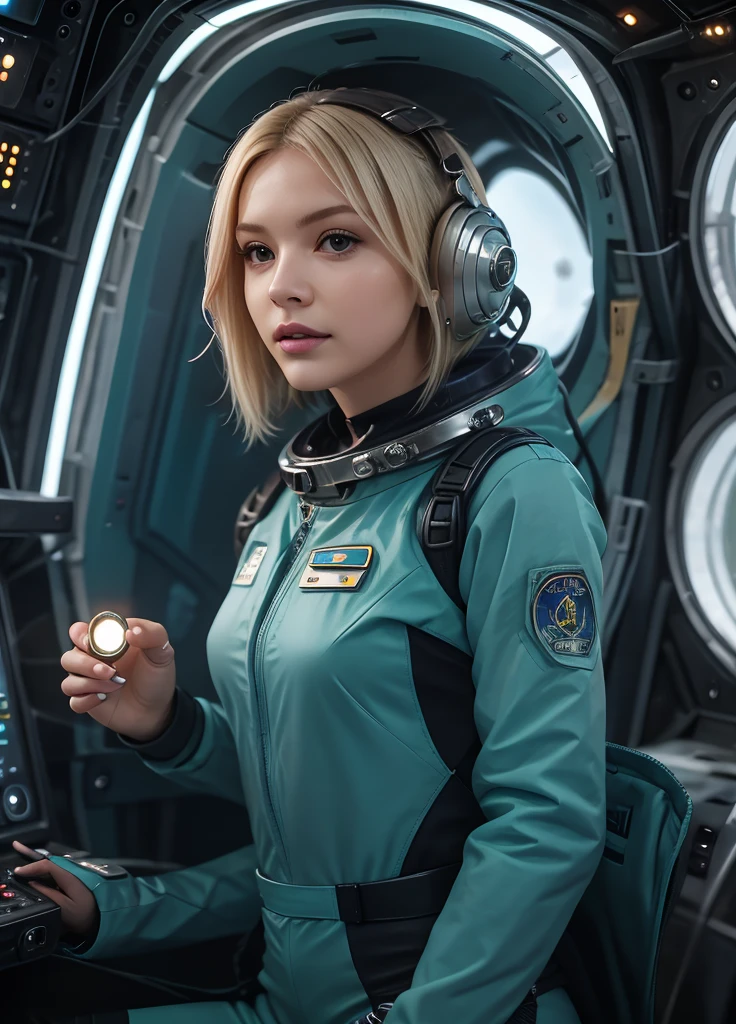 (masterpiece:1.4),(best quality,photorealistic), A beautiful Blonde woman with short hair 28 years old, she is wearing a full length Teal space suit, she has perfect hands and face, she is sitting in a space capsule, there computers and flight controls, and exclusive, Luxury, you can see a moon out of the window, space nebulas, planets, control panel 