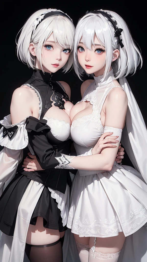 ((High quality)),masutepiece,(Detailed depiction of local details:1.2),1girl in,blue eyes,Plump breasts,Enchanted Valley,Closed mouth,Eyelashes,Portrait,solo,White hair,black theme,Short hair,Silver hair,yorha no. 2 Type B,(((White hair and black hair)))、Full body view、((舌を絡めてキスをする２人))((Two girls dressed similarly))((Woman in white underwear、Woman in black underwear))((Two people smiling))((Light skin and dark skin))(((Black Hair、Dark Skin、Woman in Black Dress)))((white thong))((black thong))Stick your butt out