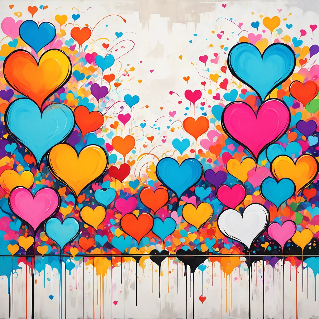 lack style, Simple Line Initialism，Abstract art，Urban Background, colorful hearts ,No people, dreams