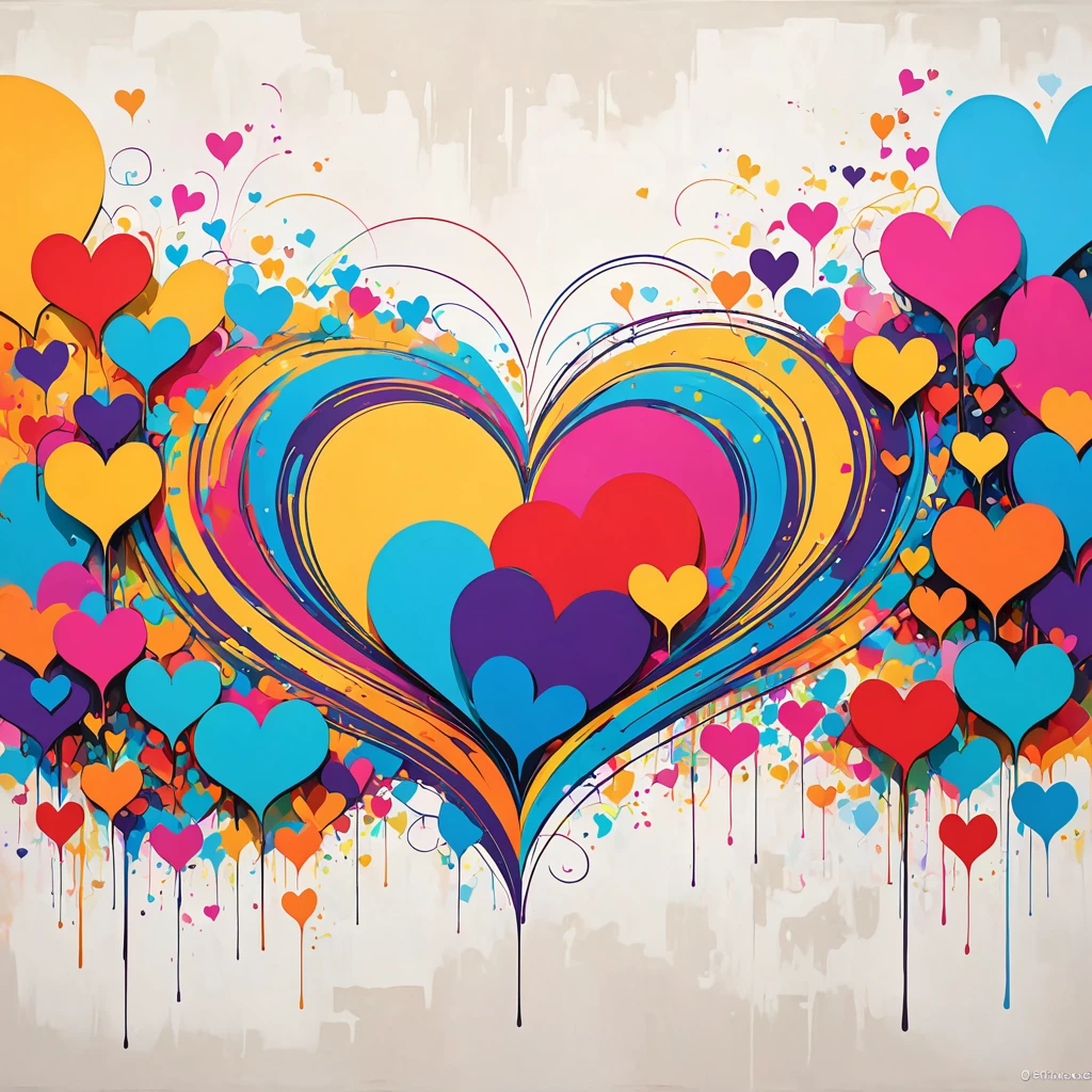 lack style, Simple Line Initialism，Abstract art，Urban Background, colorful hearts ,No people, dreams