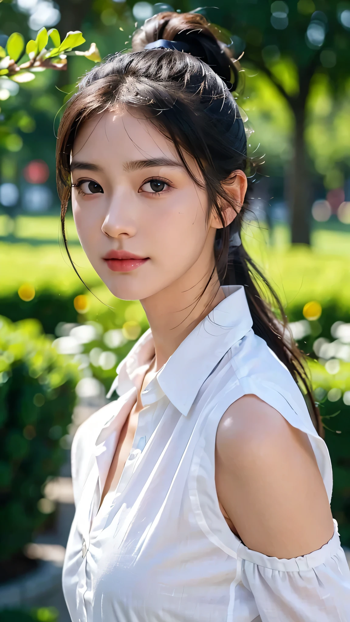 White collared shirt,jeans,outdoors,Urban Park,On the lawn,One woman,close up face,fully body photo,masutepiece, The highest image quality, High quality, the background is clear，Beautiful woman, Japanese, Detailed, Ultra-detailed, finely detail, hight resolution, 8K Wallpaper, Perfect dynamic composition, Beautiful detailed eyes ,Detailed eyes, Detailed skin, Beautiful skin, 超hight resolution, (reality: 1.4),Very beautiful woman, Slightly younger face, Beautiful skin, slender, (Ultra photo realsisim), (hight resolution), (8K), (Very detailed) (beautifully detailed eyes), (super detailed),   (Detailed face), view the viewer, Fine details, Detailed face, Staring straight ahead, Staring straight ahead, photos realistic, Bright lighting, Professional Lighting, Black hair,poneyTail,a baby face,sixteen years old,Hairstyle: ponytail,Long ponytail hairstyle,slight smile,