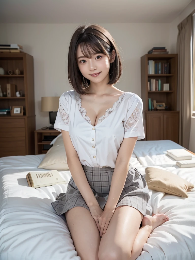 (Highest quality:1.9)、(High resolution)、Live-action image quality、((19 year old female university student、1 person))、Soft lighting by a professional photographer、Natural light、((Very spacious white luxurious room:1.6))、((Bright white room:1.6))、(Sitting on a very luxurious white bed:1.2)、(White Bookcase:1.1)、Natural soft light、((Brown hair color:1.1))、Fair skin、Detailed Eyes、double eyelid、Slightly puffy cheeks、((Small Face:1.0))、((Pink lace short sleeve buttoned shirt、Grey checked mini skirt、Please wear it with the chest open.:1.1))、Live-action image quality、E cup bust、Cleavage、(smile)、((Girly pose 1.8))、((short hair:1.1))、((Full Body Shot:1.2))、((Height: 150cm))、Hands in front、Hide your hands between your legs、