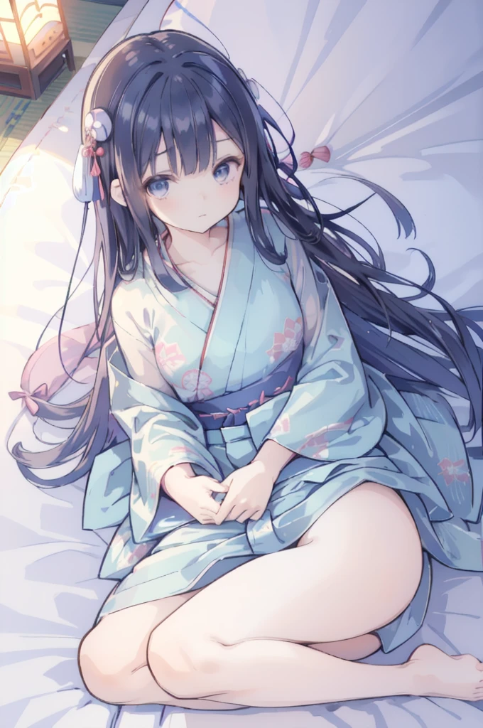 dress lift Transparent see-through yukata,wearing japanese yukata,print light blue stripe yukata,(plain color yukata:1.3), (a girl sitting on futon :1.5), (Japanese-style room, tatami, futon ,mattress, pillow:1.3),,((NSFW)) ((hentai))Long black hair Toddler girl