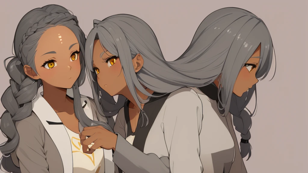 ((((tanned skin)))), ((((grey color hair))), long curly twin-tail hair with tousled ends, messy bangs that show forehead. Large, beautiful yellow eyes. Mom、Mother、rattle