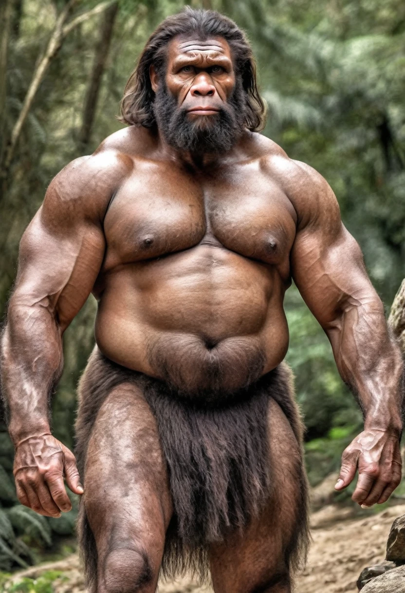 Historical, primitive, Neanderthal man,(half gorilla mix :0.5), heavyset, tall, very muscular, hairy body, dark stubble, thick arms, thick legs, rounded pecs, big arms, veiny arms, dumb looking face, shirtless,loincloth, dark brown skin, hdr, photorealistic