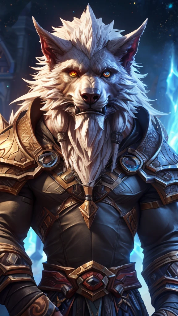 4K, high resolution, Posted on e621 (patto art style),Official Fanart, World of Warcraft同人画, Furry Art, high resolution佣金, World of Warcraft风格, Detailed key animation art, Strong, Full body portrait, panoramic, (Realistic eye details: 1:2), High Detail, high quality, 16K, (best quality,4K,high resolution,masterpiece:1.2),professional,Reference Blizzard Games《World of Warcraft》Genn Greymane，Werewolf，Absolutely pure white hair，Golden eyes