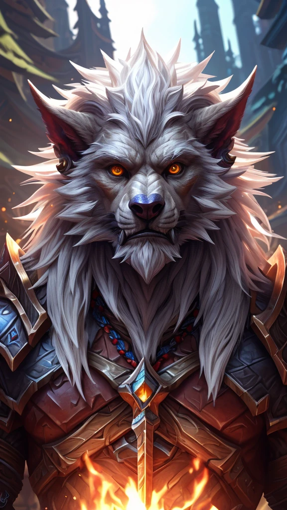 4K, high resolution, Posted on e621 (patto art style),Official Fanart, World of Warcraft同人画, Furry Art, high resolution佣金, World of Warcraft风格, Detailed key animation art, Strong, Full body portrait, panoramic, (Realistic eye details: 1:2), High Detail, high quality, 16K, (best quality,4K,high resolution,masterpiece:1.2),professional,Reference Blizzard Games《World of Warcraft》Genn Greymane，Werewolf，Absolutely pure white hair，Golden eyes