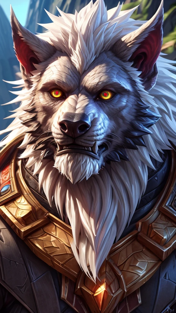 4K, high resolution, Posted on e621 (patto art style),Official Fanart, World of Warcraft同人画, Furry Art, high resolution佣金, World of Warcraft风格, Detailed key animation art, Strong, Full body portrait, panoramic, (Realistic eye details: 1:2), High Detail, high quality, 16K, (best quality,4K,high resolution,masterpiece:1.2),professional,Reference Blizzard Games《World of Warcraft》Genn Greymane,Werewolf,Absolutely pure white hair,Golden eyes