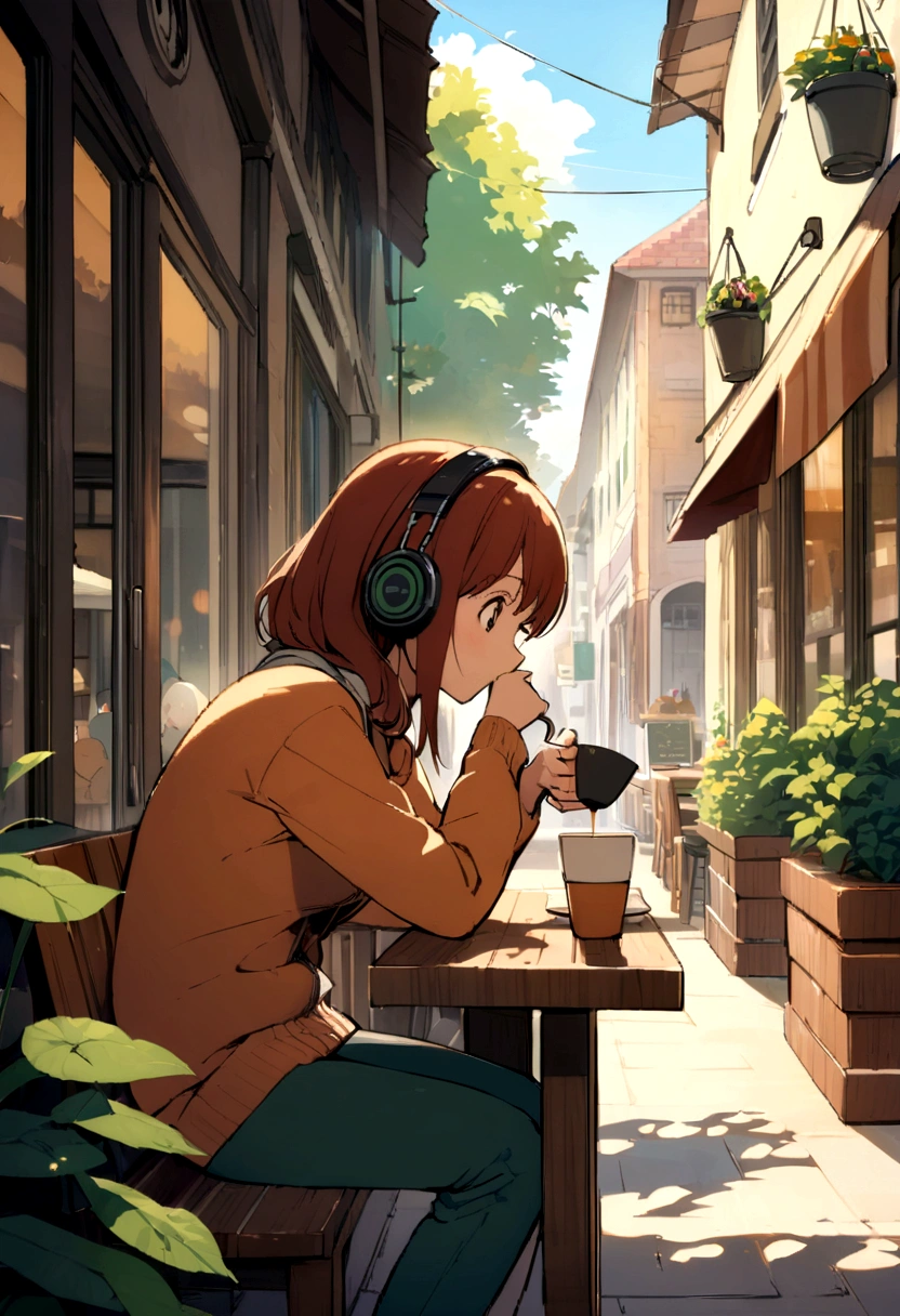 Urban cafe with terrace,wide々And in space , Woman drinking coffee , Wearing headphones , Studio Ghibli Animation , Warm sunshine , masterpiece