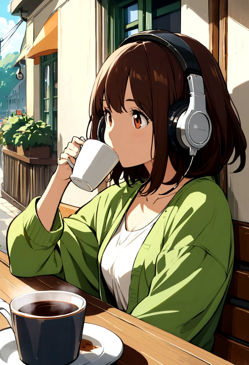 Urban cafe with terrace,wide々And in space , Woman drinking coffee , Wearing headphones , Studio Ghibli Animation , Warm sunshine , masterpiece