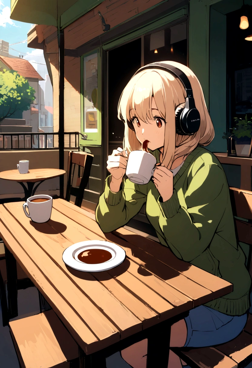 Urban cafe with terrace,wide々And in space , Woman drinking coffee , Wearing headphones , Studio Ghibli Animation , Warm sunshine , masterpiece