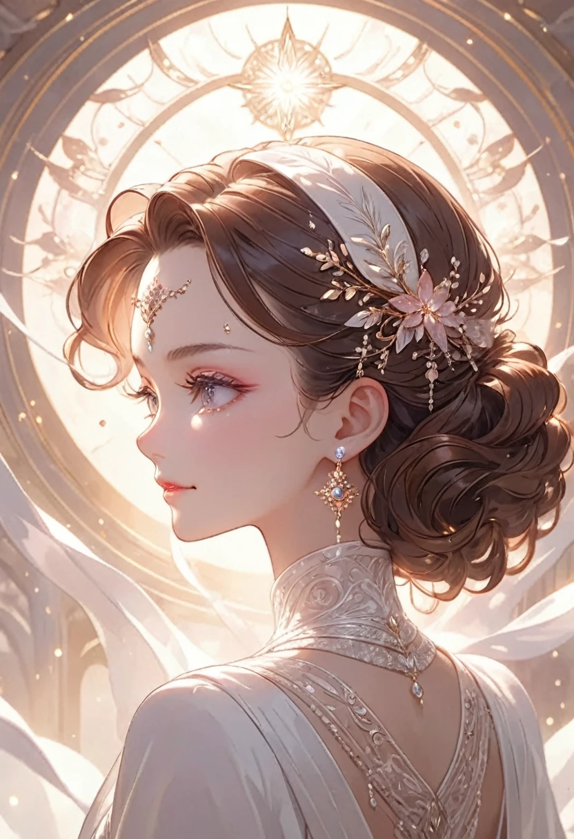 Very detailed,(((ultra detailed face))),best quality, 8k, (柔Light), Light, 1 lady, facing the camera,back view,brown hair, forehead,elegant, Comfortable, Clean and detailed anime art, Trending on artstart,milky white, illuminate warmly, (pink and white theme),big smile,sanctuary,make-up