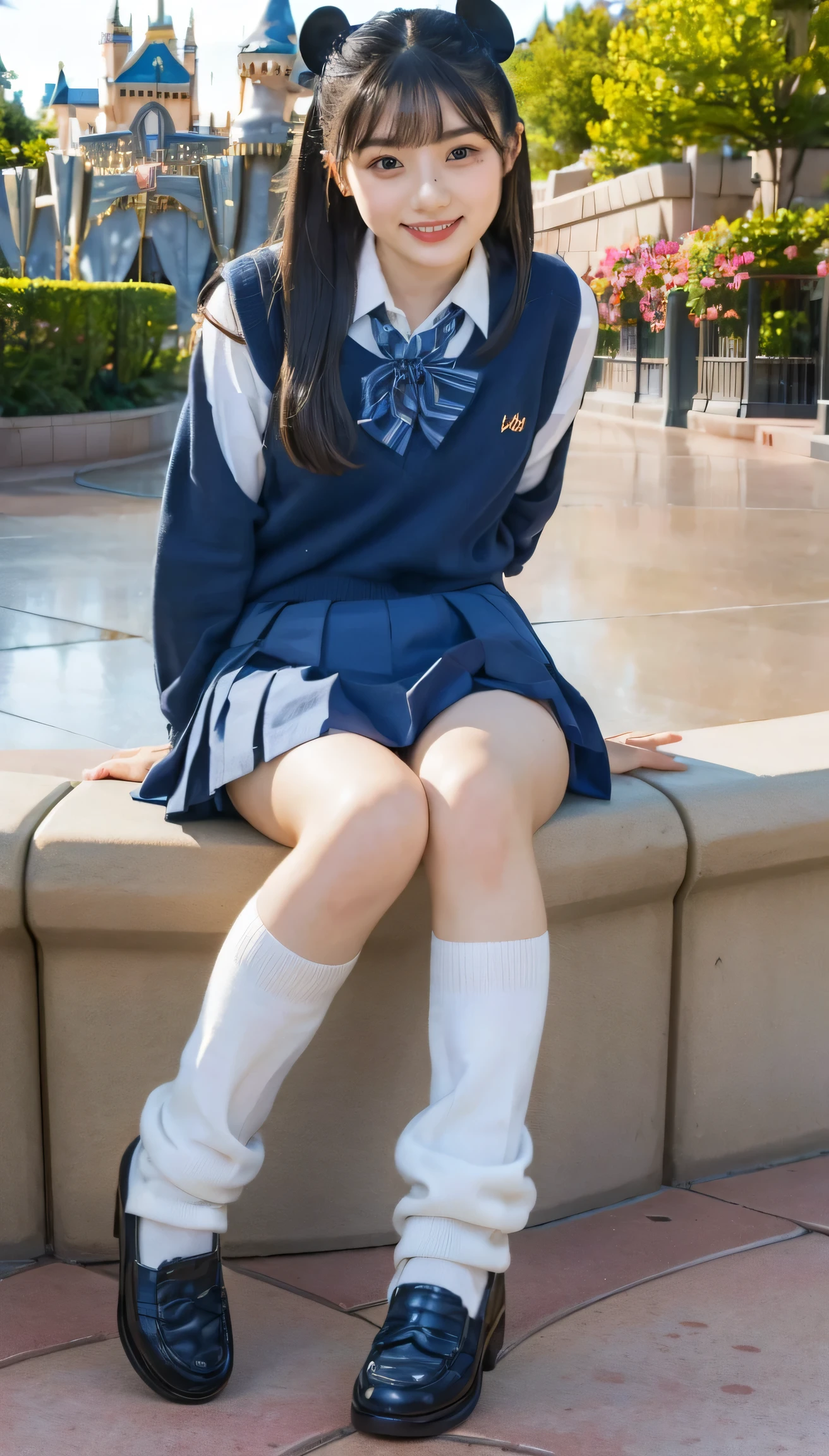 (photorealistic:1.4), best quality, masterpiece, raw 32k photo, (extremely detailed japanese beautiful girl), (extremely detailed eyes:1.2), (cute face:1.2), ultra-detailed, ultra high res, amazing, BREAK,sitting,
(school uniform:1.5), smile, (full body:1.2), detailed school girl, (disneyland:1.3), beautiful detailed girl, bangs, cute face, miniskirt,loafers, perfect legs, perfect hands