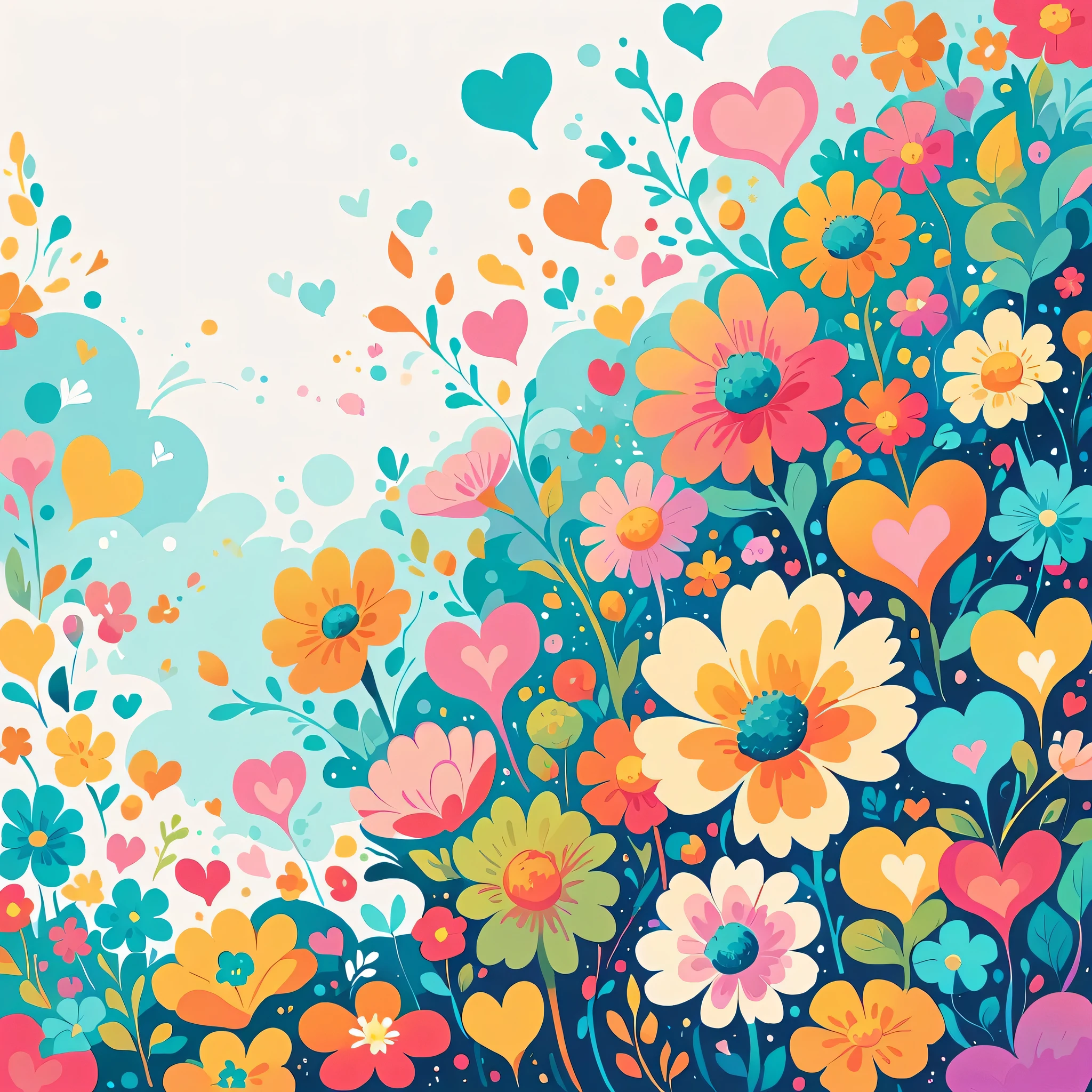 lack style, Simple Line Initialism，Abstract art，Urban Background, colorful hearts ,colorful flowers, No people, dreams