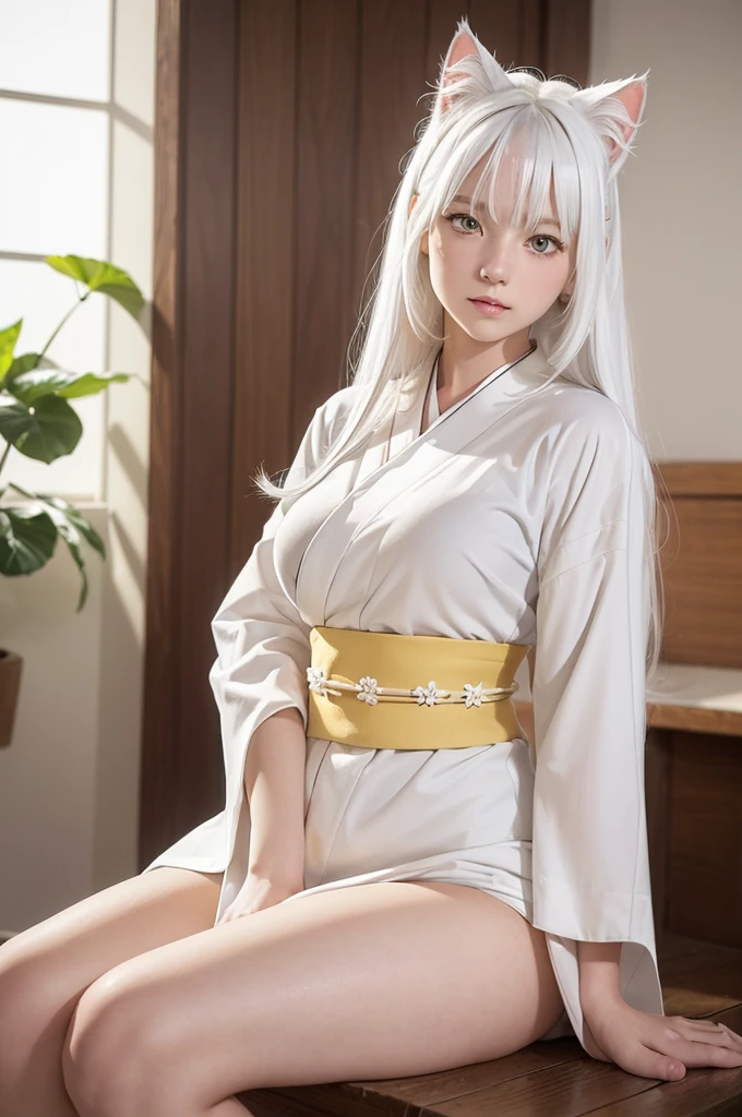 in 8in 8K,top-quality,Real Image,intricate detailes,超A high resolution,Depth Field,masuter piece,natural soft light,profetional lighting,1 girl in,(cute little:1.2),an extremely beautiful 17-year-old girl,A detailed eye,I can see panties,Delicate thighs visible from the front, ((white hair:1.5, white cat ears:1.8, long hair:1.8, front fringe, yellow eyes:1.5, medium breasts, white kimono:1.5), snow tree, sexy pose, full body,