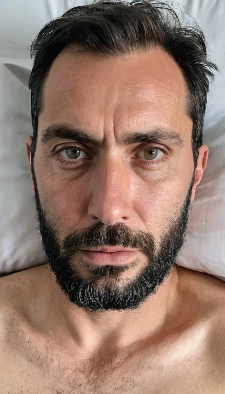 A 35-year-old European man was sitting on the patient's bed, his eyes full of hatred