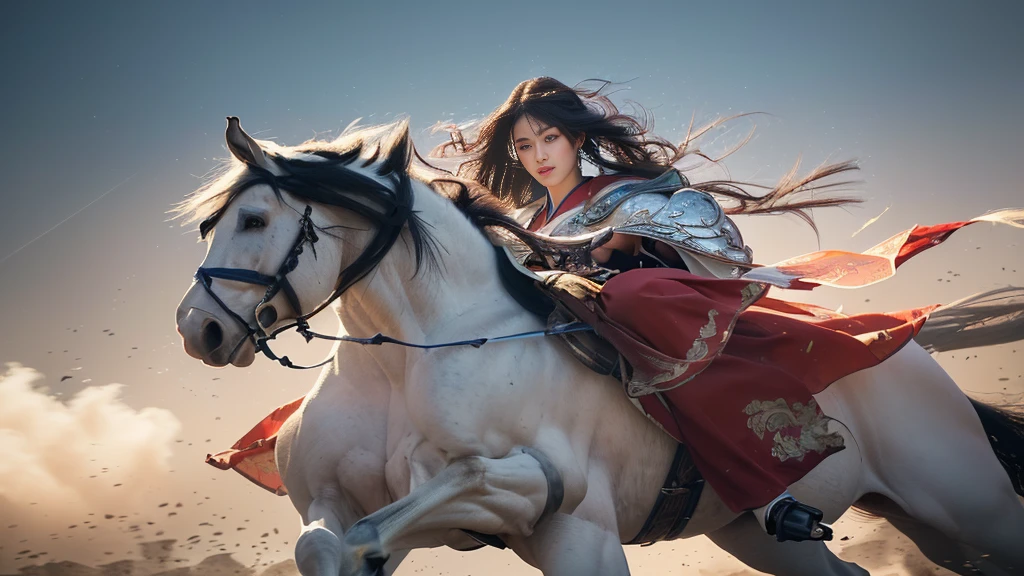 (best quality, masterpiece:1.4), (realism:1.2), (realism:1.2), (absurd:1.2), (photoPractical:1.3), 1 Girl,Realistic skin,Solitary,( Very big eyes,Beautiful and delicate eyes, Symmetrical eyes), Upper Body,((Cowboy shooting)),battlefield, Chinese martial arts war scenes, Chinese girl in blue and white porcelain armor, Martial Arts Styles, Chinese fairy tales,Very detailed, Dynamic, Movie, amazing, Practical lighting and shading, vivid, Energetic, Octane Rendering, Unreal Engine, Very detailed, Concept Art, Practical, Riding a white horse, Wind and smoke,Chinese Zen style,impactful picture, 
