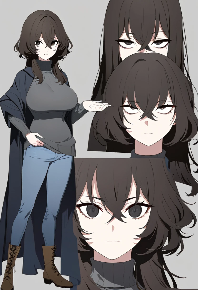 One Woman,Downer,older sister,Concept Art,Dark brown hair,Straight hair with slight inward curls,Staring eyes,Eye Ridge,black eye,Crossed bangs,whole body,smile,Larger breasts,Gray background,Bangs that reach down to the eyes,Messy hair,Tight dark jeans,Gray turtleneck sweater,Multiple views of the same character,Character Design,Dark circles under the eyes,Bad look,Listless,Sloppy,Silver Jewelry,Cafe staff,whole bodyCharacter Design,Detailed hands,Height: 170cm,boots,