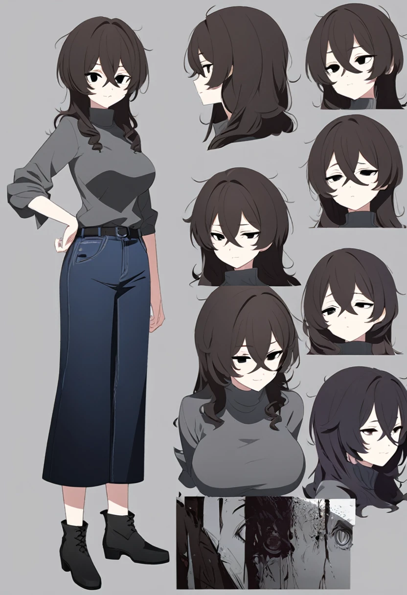 One Woman,Downer,older sister,Concept Art,Dark brown hair,Straight hair with slight inward curls,Staring eyes,Eye Ridge,black eye,Crossed bangs,whole body,smile,Larger breasts,Gray background,Bangs that reach down to the eyes,Messy hair,Tight dark jeans,Gray turtleneck sweater,Multiple views of the same character,Character Design,Dark circles under the eyes,Bad look,Listless,Sloppy,Silver Jewelry,Cafe staff,whole bodyCharacter Design,Detailed hands,Height: 170cm,boots,