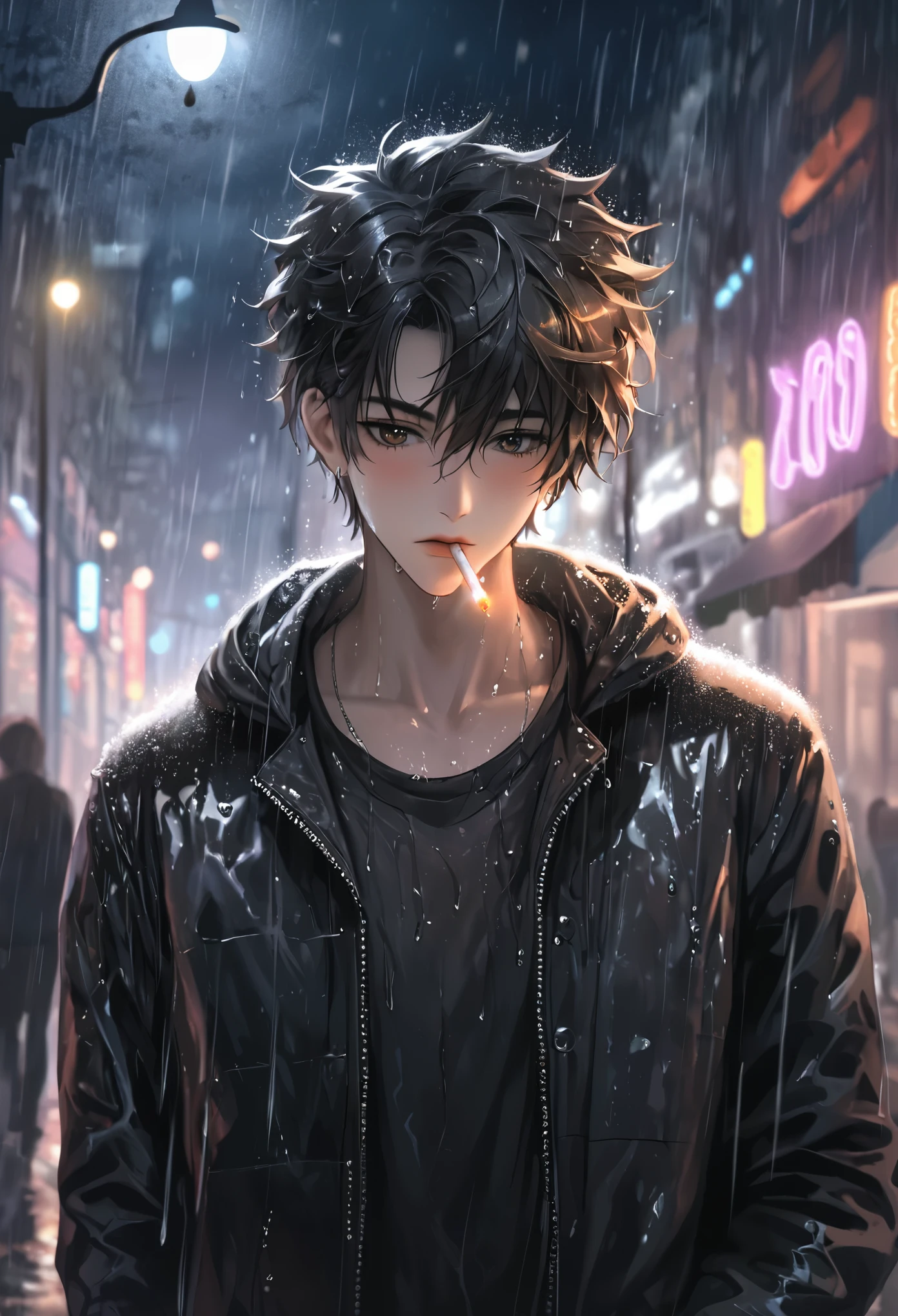 High resolution, high quality illustrations. A cool boy with two-block hair is looking down, getting wet from the heavy rain. A cool expression with a cigarette in his mouth. The background is a dark night with heavy rain, blurred by the pale neon light of street lamps.