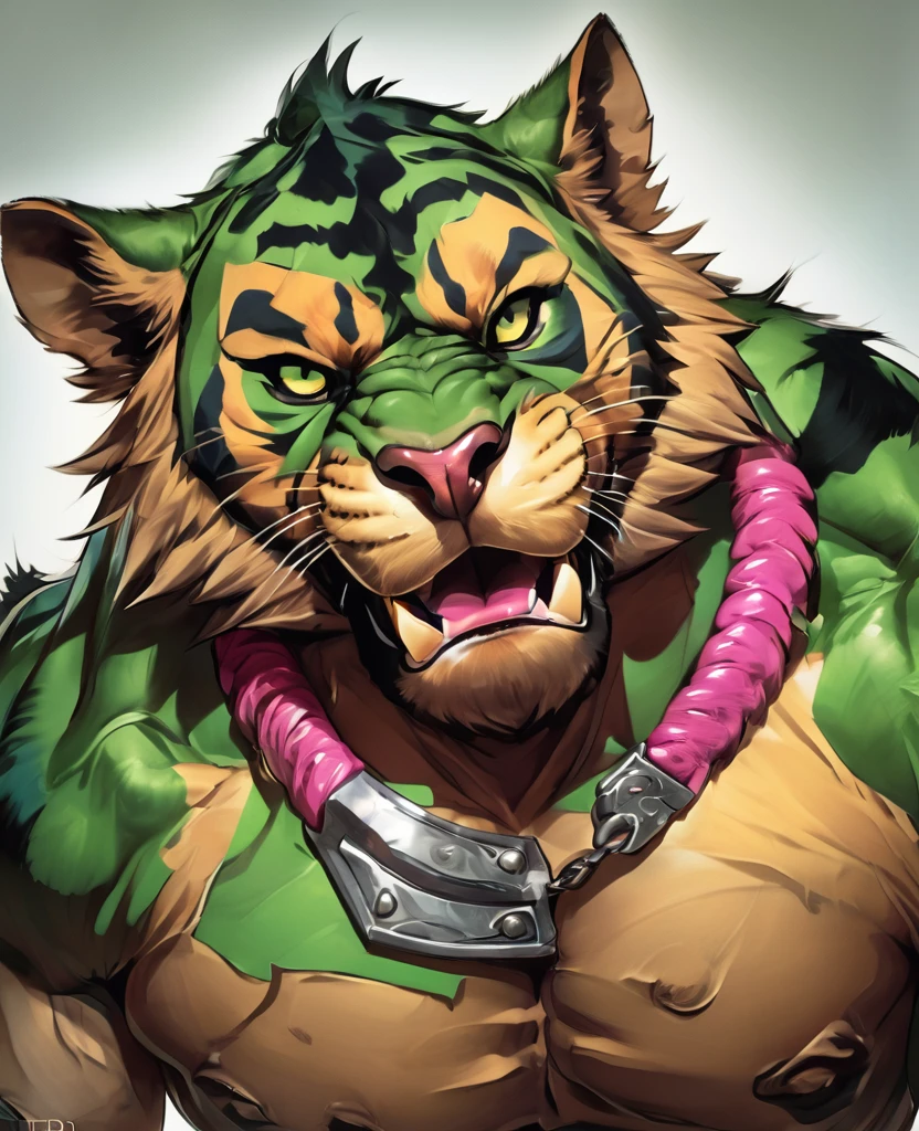 , (anthro realistic :0.1)Kintaro close-up of a orco tiger in armor,big Tiger orc_beast, (tiger _eyes green :1.2) , claws in five, muscular werewolf, Fur-clad barbarian Goliath, fighting game character, As a character in Tekken, Barack,green in  fur, tiger furHybrid from the Varrior dynasty, Sabretooth, Anthropomorphic tiger, goron brute,tongue in mouth, muscled humanoid balrog demon, Strong and ferocious, inspired by Li Kan, verg half bulge, green hairy, verg huge balls, holding verg big pink_penetrating, Cum, lying in bed, Big breast in Aureole and big nipple, (verg sweat :1.4) 