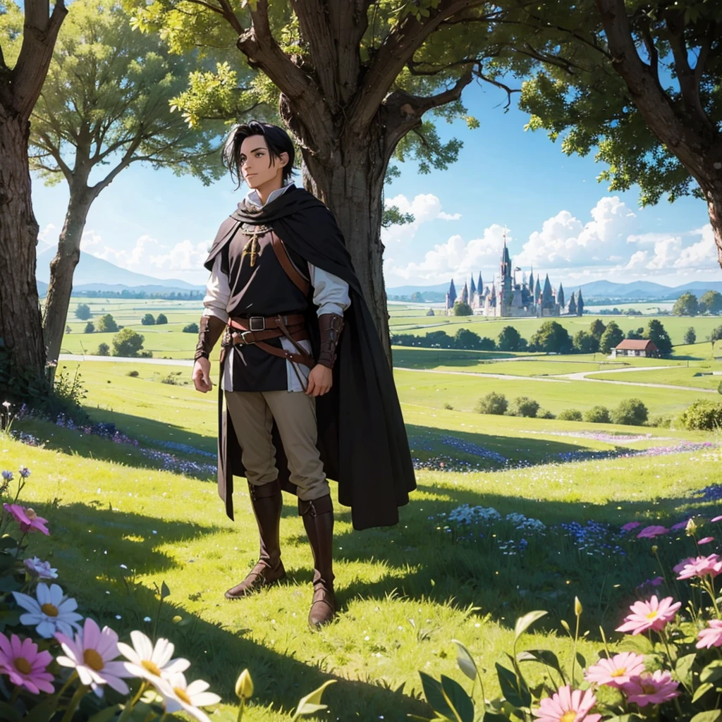 In a meadow stands black hair boy with medieval adventurer outfit
BREAK
Behind him, a flower field stretches out and beyond that, elf kingdom in the distance.