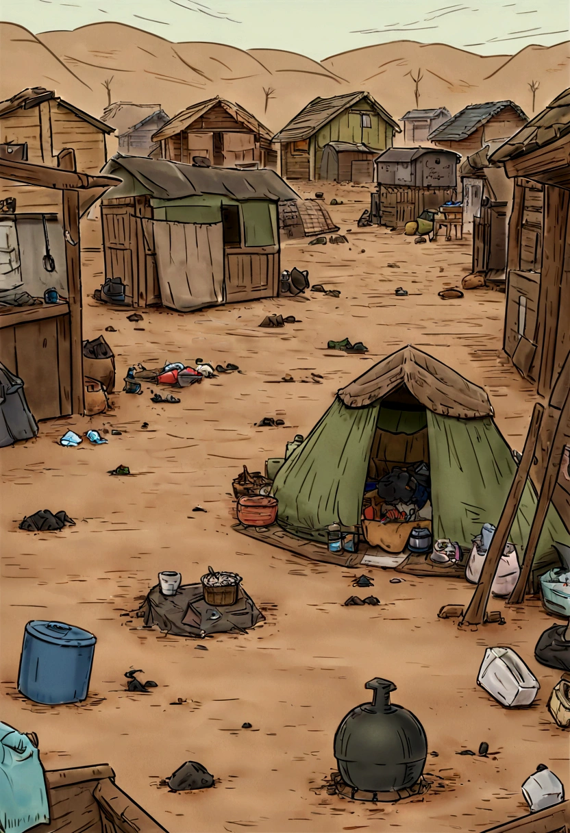 there is a small table that is sitting in the dirt, makeshift house, shanty town, shack close up, background is a slum, makeshift houses, by Daniel Lieske, inside a gang hideout, scattered rubbish and debris, by Niko Henrichon, shanty townships, littered with garbage, belongings strewn about, by Briana Mora