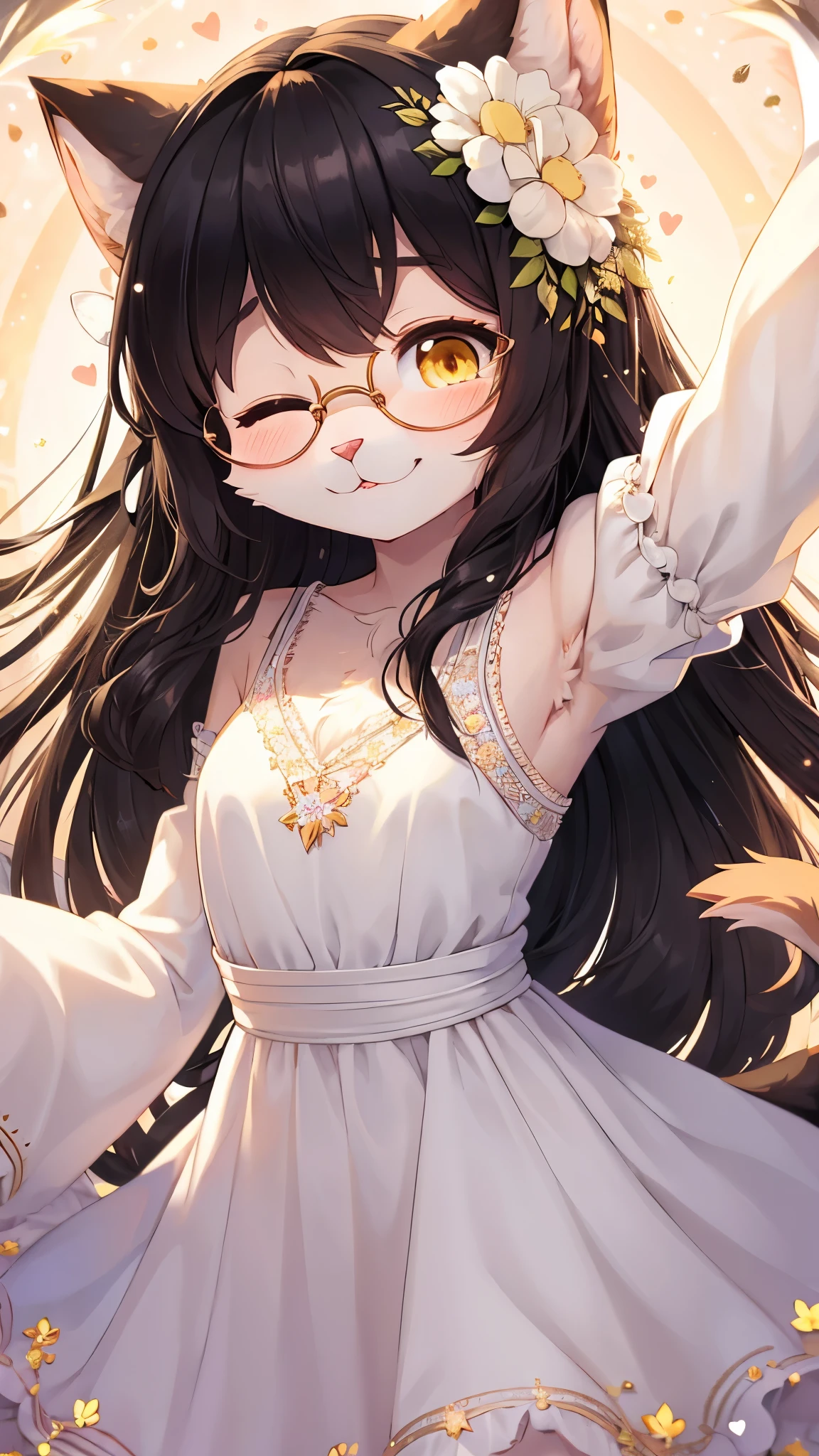 best quality,best resolution,(fluffy anthro furry :1.6),(young :1.8), cat girl,long hair,wavy hair,black hair,yellow eyes,glistering eyes,sparkle eyes,ultra detailed eyes,beige fur,circle glasses,flower hair ornaments,(white dress),sparkle stars background,glistering dusts surrounded,light and shadow,full face blush,heart expression eyes,heart eyes,looking at viewer,shy face,smile,upper body only,one eye closed,raise up arms
