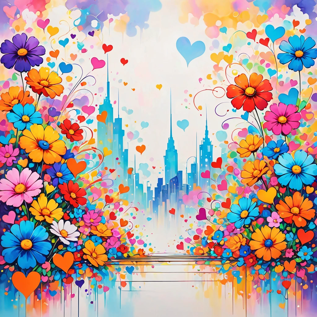 LAM style, Simple Line Initialism,Abstract art,Urban Background, colorful hearts ,colorful flowers, No people, dreams