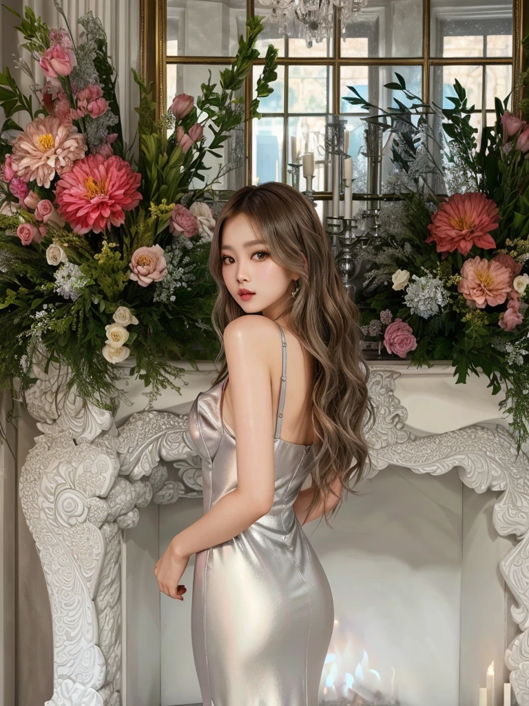 arafed woman in a silver dress standing in front of a fireplace, with flowers, tight dress, style of julia razumova, masha krasnova, lady with glowing flowers dress, skintight dress, wearing silver dress, wearing an elegant dress, gorgeous young model, dasha taran, barbara palvin, yulia nevskaya , blackpink jennie , blackpink Lisa , asian famale face , cute girl , Korean famale