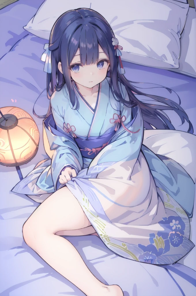 dress lift Transparent see-through　yukata,wearing japanese yukata,print light blue stripe yukata,(plain color yukata:1.3), (a girl sitting on futon :1.5), (Japanese-style room, tatami, futon ,mattress, pillow:1.3),,((NSFW))　((hentai))Long black hair　Toddler girl　5 years old