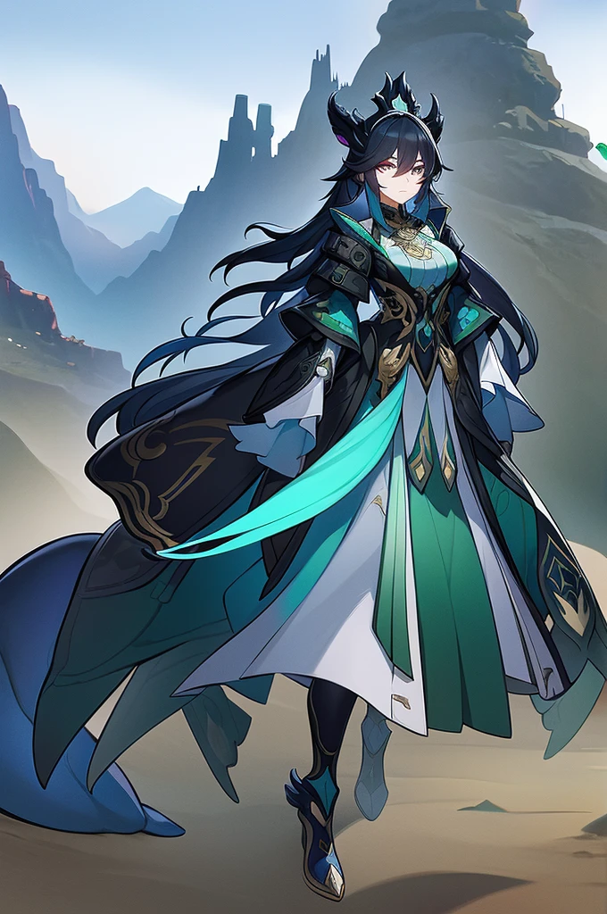 The character belongs to the moolong race and as such has minimal dragon characteristics of her race due to being human and is wearing a detailed and stylized costume.. The outfit consists of a long coat in blue-green and black., with silver prints and decorations that give it an ornate appearance. The coat has asymmetrical tails, longer in the back, which gives dynamism to the look. Underneath the coat, there is a tight black jumpsuit or armor that covers from neck to feet, accentuating the character&#39;s shape and providing an elegant contrast. with the elaborate coat. The coat&#39;s shoulders are adorned with structured, armor-like pieces, also with designs in teal and silver, contributing to a majestic, battle-ready aesthetic. Waist band, with attached pockets, suggesting practicality amidst elegance. The character&#39;s arms are partially covered by detached sleeves or gauntlets that match in color and design with the rest of the costume.. Completing the ensemble are over-the-knee boots., apparently made of durable material, suitable for combat or travel. They share the same color palette as the rest of the apparel.: blue-green details on predominantly black material, with metal plates that can serve as protection, 
oriental clothes, the scenery in the background and of eastern peaks and mountains,