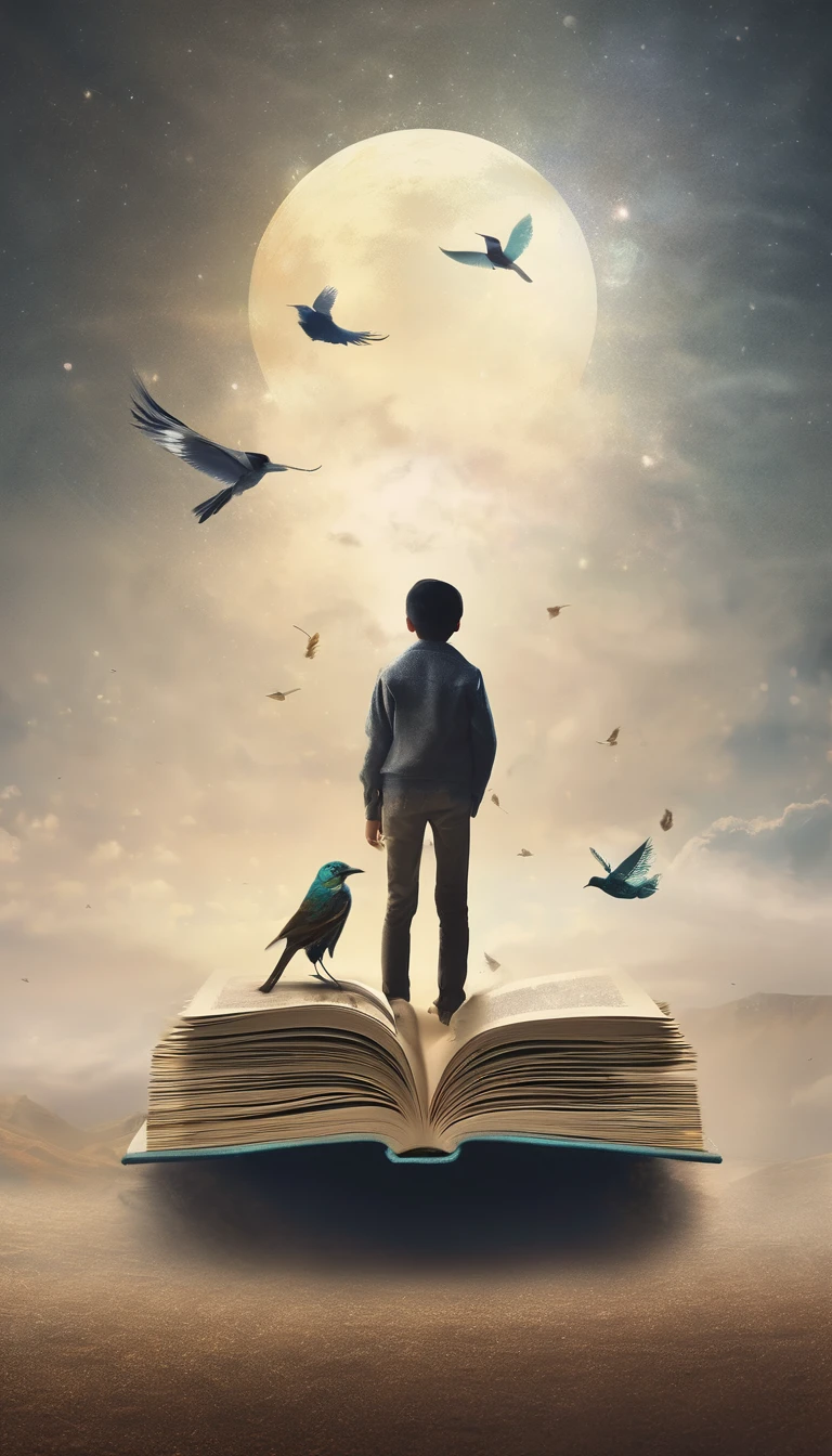 masterpiece, 4k, sharp focus, highest quality,wide shot. Imagine a book cover that conveys a sense of nostalgia and storytelling. The title of the book is " Penamemoria". Is a book about the creative, unique journey of a boy into becoming a musician storyteller. In his journey he finds a magical feather and a dreamy bird. Minimalistic, modern, dreamy logotype at the bottom of the book cover