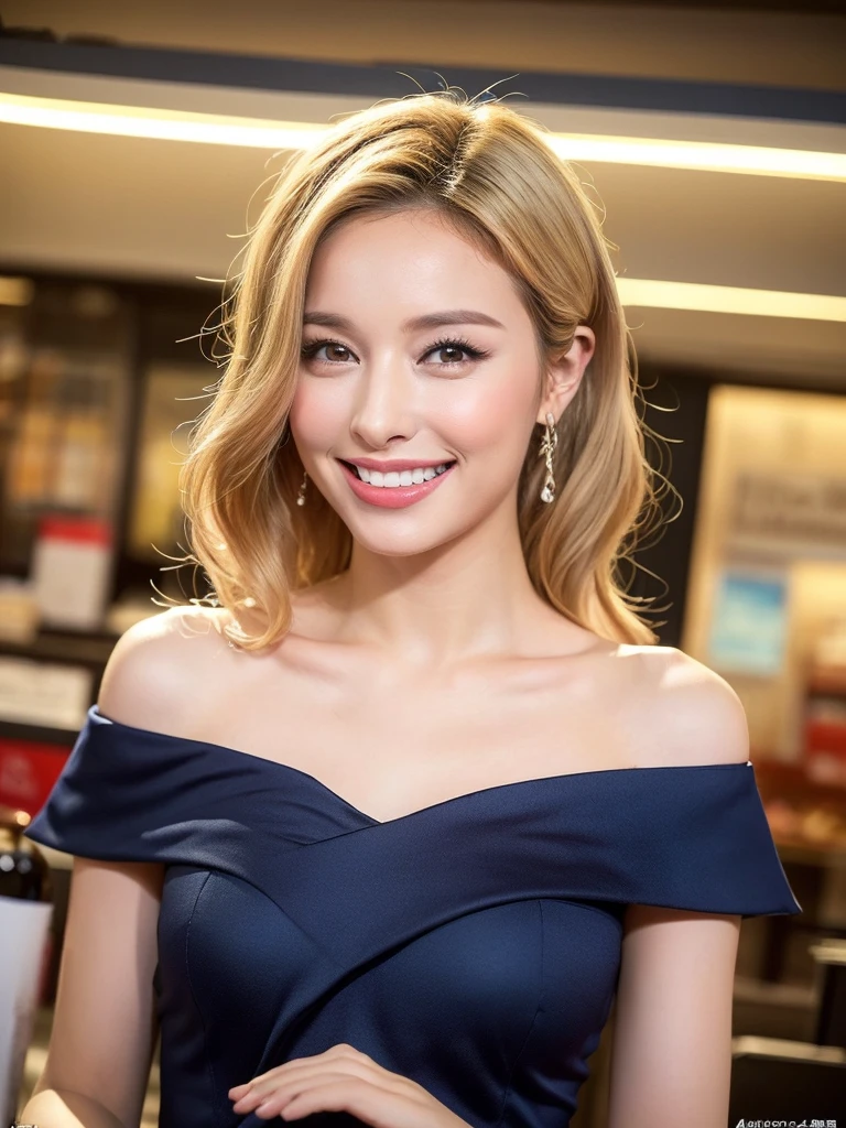 (top quality、8K、32k、masterpiece、north african trade zone:1.2)、Photos of cute Japanese women、1 girl in、(Tall lady)、(abdomen、slim body:1.1)、(Lips)、(Blonde wavy hair with a big smile on her face)、double eyelids、Pure white off-shoulder low-cut dress.