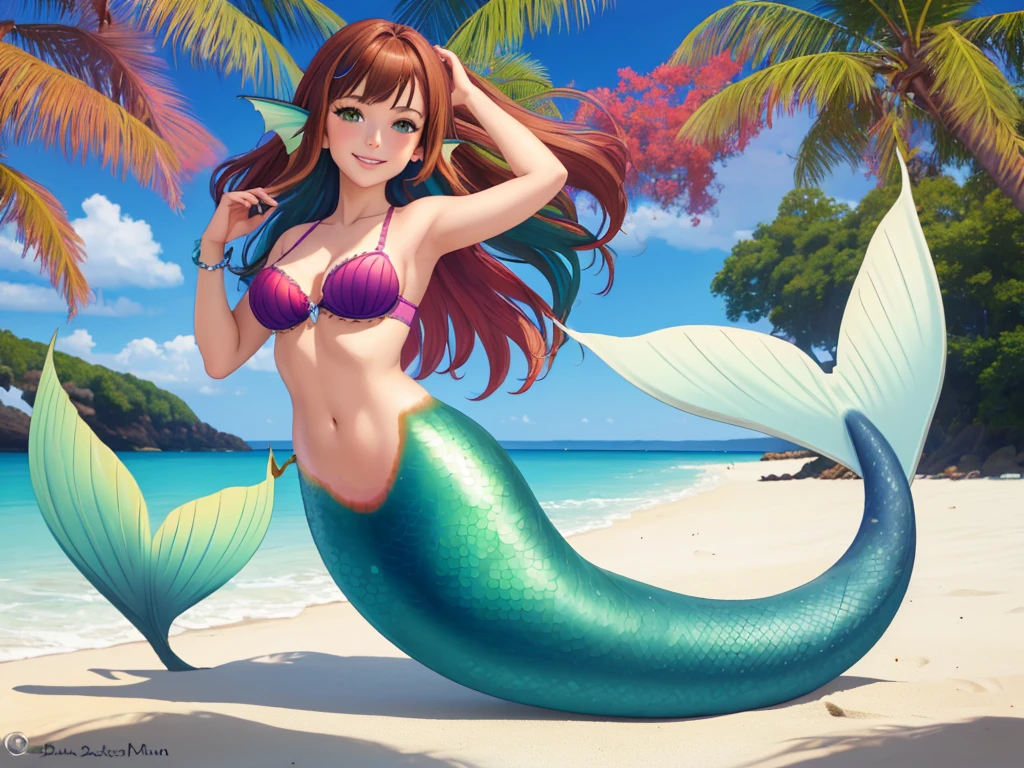 masterpiece, best quality:1.2), 1girl, smile, looking at viewer, green eyes, short brown multicolored hair, mermaid, mermaid girl, wearing purple seashell bra, laying on belly on beach, colorful mermaid tail, outdoors, head fins, fin ears