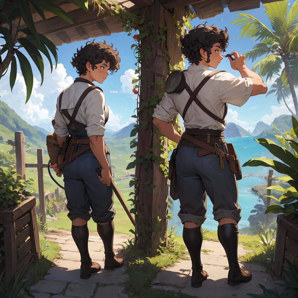 back view one curly hair boy with medieval farmer outfit adventure in the tropical mounntain