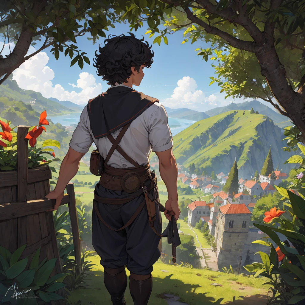 back view one curly hair boy with medieval farmer outfit adventure in the tropical mounntain