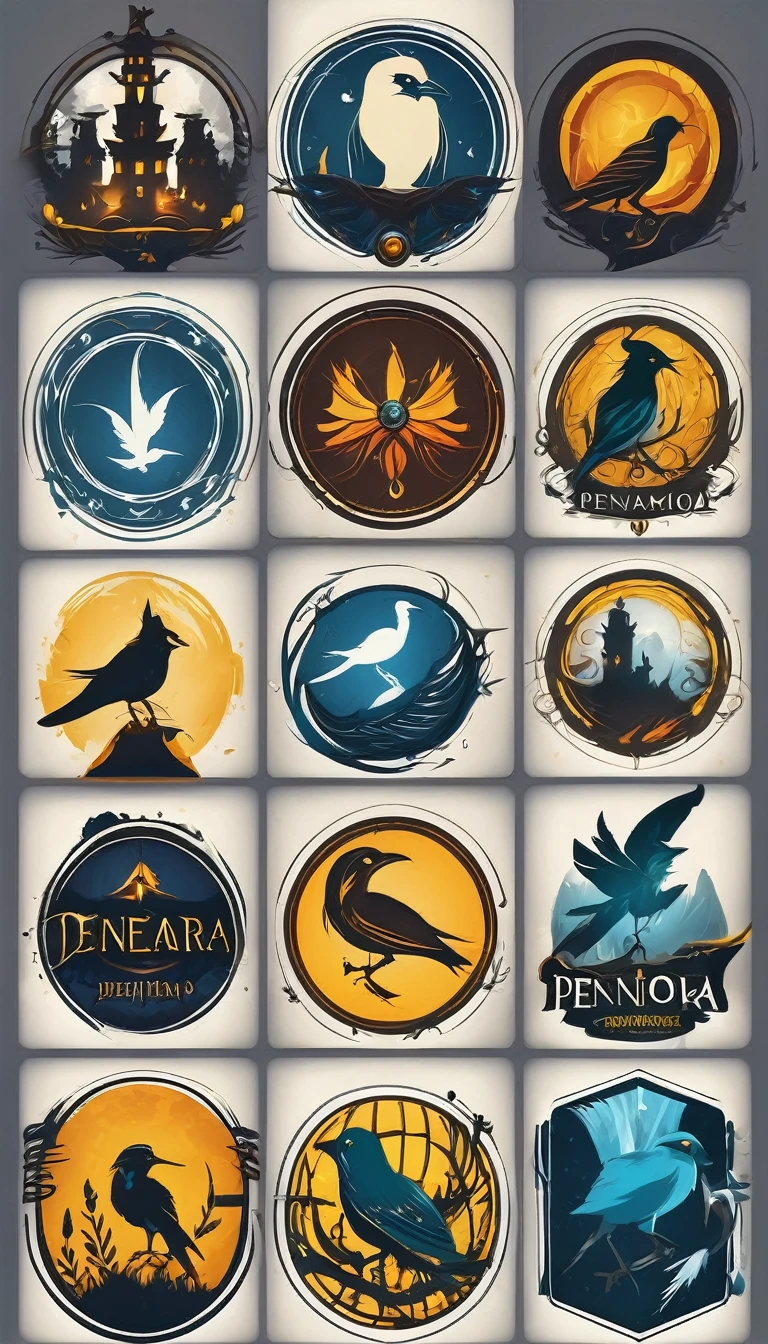 Create a minimalistic, simple, fantastic, easy to understand, logo design for an upcoming Role Playing Game called " Penamemoria". The game is about a world of bird and feathers. A boy enters that world and discovers his true artistic identity. Create a logo design that transmits the essence of this videogame. It´s a fantasy game, with fantasy elements. Create the logo in the center and a fantasy theme as background. Use the colours blue, white, yellow in the logo.