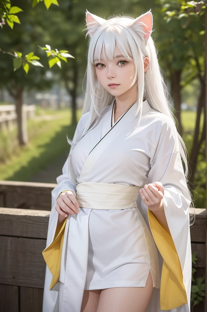 in 8in 8K,top-quality,Real Image,intricate detailes,超A high resolution,Depth Field,masuter piece,natural soft light,profetional lighting,1 girl in,(cute little:1.2),an extremely beautiful 17-year-old girl,A detailed eye,I can see panties,Delicate thighs visible from the front, ((white hair:1.5, white cat ears:1.8, long hair:1.8, front fringe, yellow eyes:1.5, medium breasts, white kimono:1.5), snow tree, sexy pose, full body, outdoor:1.5,