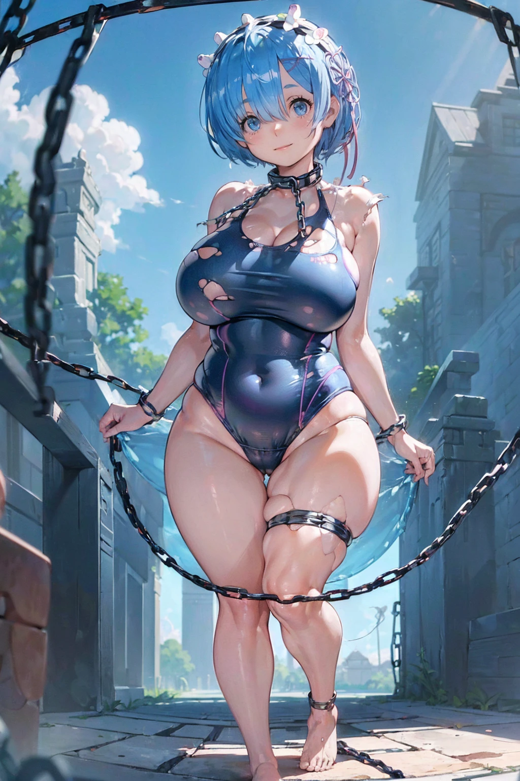 ((((((Rem in chains)))))),(((((Fisheye Lens)))))、Hot Springs Inn、Open-air bath、((((((Super huge breasts))))))、(((Plump thighs)))、(((Rem from Re:Zero)))、Swimsuit、looking at the camera、High qualityHigh quality、8ｋ、((((A shy smile and a wink))))、(((((Full body description)))))、Low angle camera、Chest、Splash、Transparent swimsuit in water、Fantastic、((((((Tight and torn swimsuit))))))、Poolside、Aqua-sama、(((A giant adult Rem))),Reaching out、looking at the cameraで、barefoot、(((((Ultra small swimsuit)))))、Tall Rem,Swimsuit,Ripped swimsuit