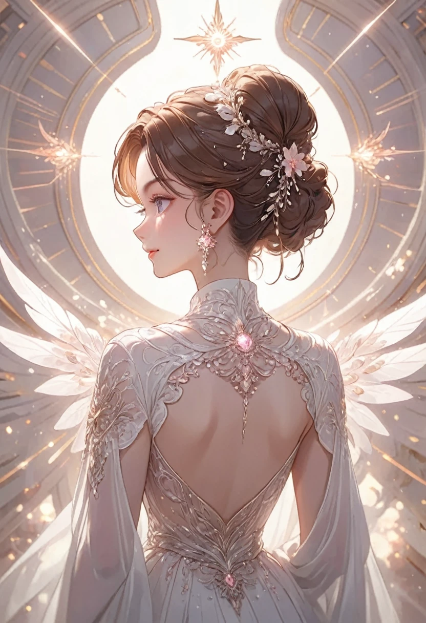 Very detailed,(((ultra detailed face))),best quality, 8k, (柔Light), Light, 1 lady, facing the camera,back view,brown hair,elegant, Comfortable, Clean and detailed anime art, Trending on artstart,milky white,  illuminate warmly, (pink and white theme),big smile,sanctuary,make-up