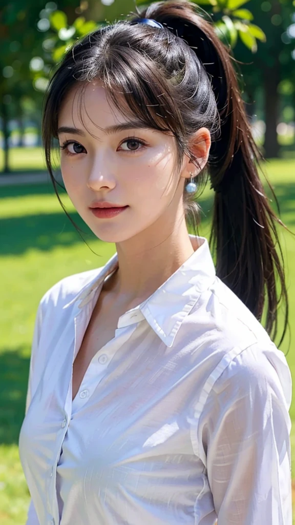 White collared shirt,jeans,outdoors,Urban Park,On the lawn,One woman,close up face,fully body photo,masutepiece, The highest image quality, High quality, the background is clear,Beautiful woman, Japanese, Detailed, Ultra-detailed, finely detail, hight resolution, 8K Wallpaper, Perfect dynamic composition, Beautiful detailed eyes ,Detailed eyes, Detailed skin, Beautiful skin, 超hight resolution, (reality: 1.4),Very beautiful woman, Slightly younger face, Beautiful skin, slender, (Ultra photo realsisim), (hight resolution), (8K), (Very detailed) (beautifully detailed eyes), (super detailed), (Detailed face), view the viewer, Fine details, Detailed face, Staring straight ahead, Staring straight ahead, photos realistic, Bright lighting, Professional Lighting, Black hair,poneyTail,a baby face,sixteen years old,Hairstyle: ponytail,Long ponytail hairstyle,slight smile,