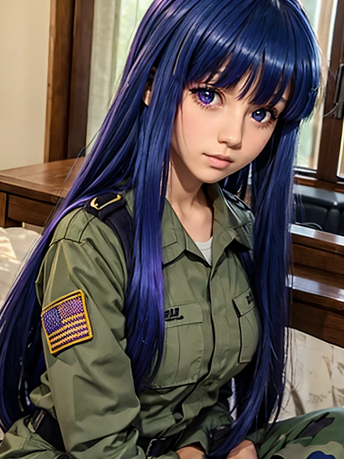 1girl, solo, furude rika, blue hair, long hair, bangs, small breasts, purple eyes, long hair, army clothes