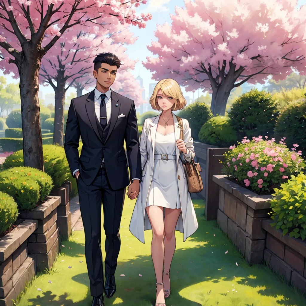  Make a watercolor illustration that depicts a serene and romantic scene.
 Two people walk side by side in a park, surrounded by the delicate beauty of cherry blossom trees. The person is a blonde woman on the left is elegantly dressed in a long coat, and heels, complemented by a bag, suggesting a mix of sophistication and leisure. The individual on the right is a man, with dark skin and well-cut hair, with shaved sides, exudes formality in a suit, and carries a bag on her shoulder This image may evoke feelings of companionship or reflect on fashion style in an outdoor setting, offering viewers a glimpse into a moment of shared experience amidst the splendor of nature.

the couple is holding hands, and back