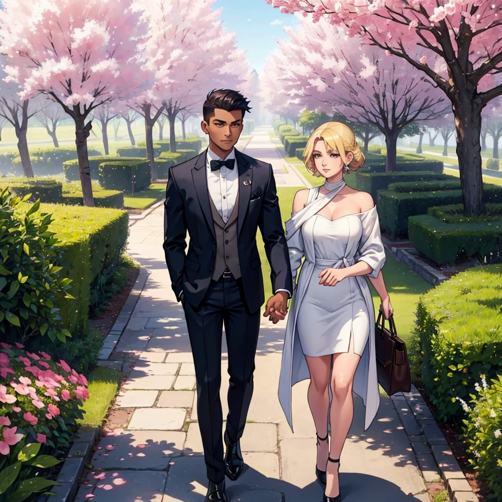 Make a watercolor illustration that depicts a serene and romantic scene.
Two people walk side by side in a park, surrounded by the delicate beauty of cherry blossom trees. The person is a blonde woman on the left is elegantly dressed in a long coat, and heels, complemented by a bag, suggesting a mix of sophistication and leisure. The individual on the right is a man, with dark skin and well-cut hair, with shaved sides, exudes formality in a suit, and carries a bag on her shoulder This image may evoke feelings of companionship or reflect on fashion style in an outdoor setting, offering viewers a glimpse into a moment of shared experience amidst the splendor of nature.
the couple is holding hands, and back