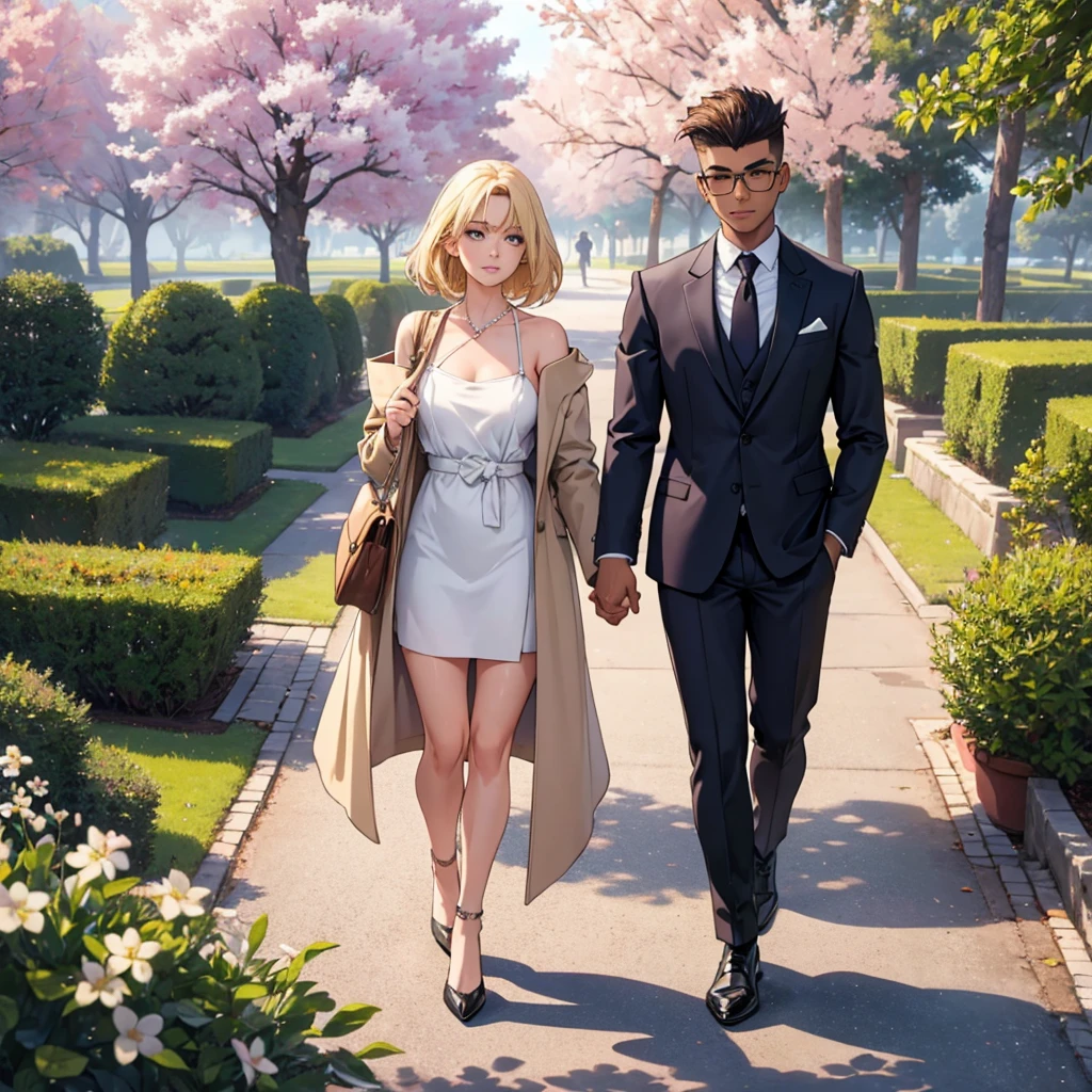 Make a watercolor illustration that depicts a serene and romantic scene.
Two people walk side by side in a park, surrounded by the delicate beauty of cherry blossom trees. The person is a blonde woman on the left is elegantly dressed in a long coat, and heels, complemented by a bag, suggesting a mix of sophistication and leisure. The individual on the right is a man, with dark skin and well-cut hair, with shaved sides, exudes formality in a suit, and carries a bag on her shoulder This image may evoke feelings of companionship or reflect on fashion style in an outdoor setting, offering viewers a glimpse into a moment of shared experience amidst the splendor of nature.
the couple is holding hands, and back